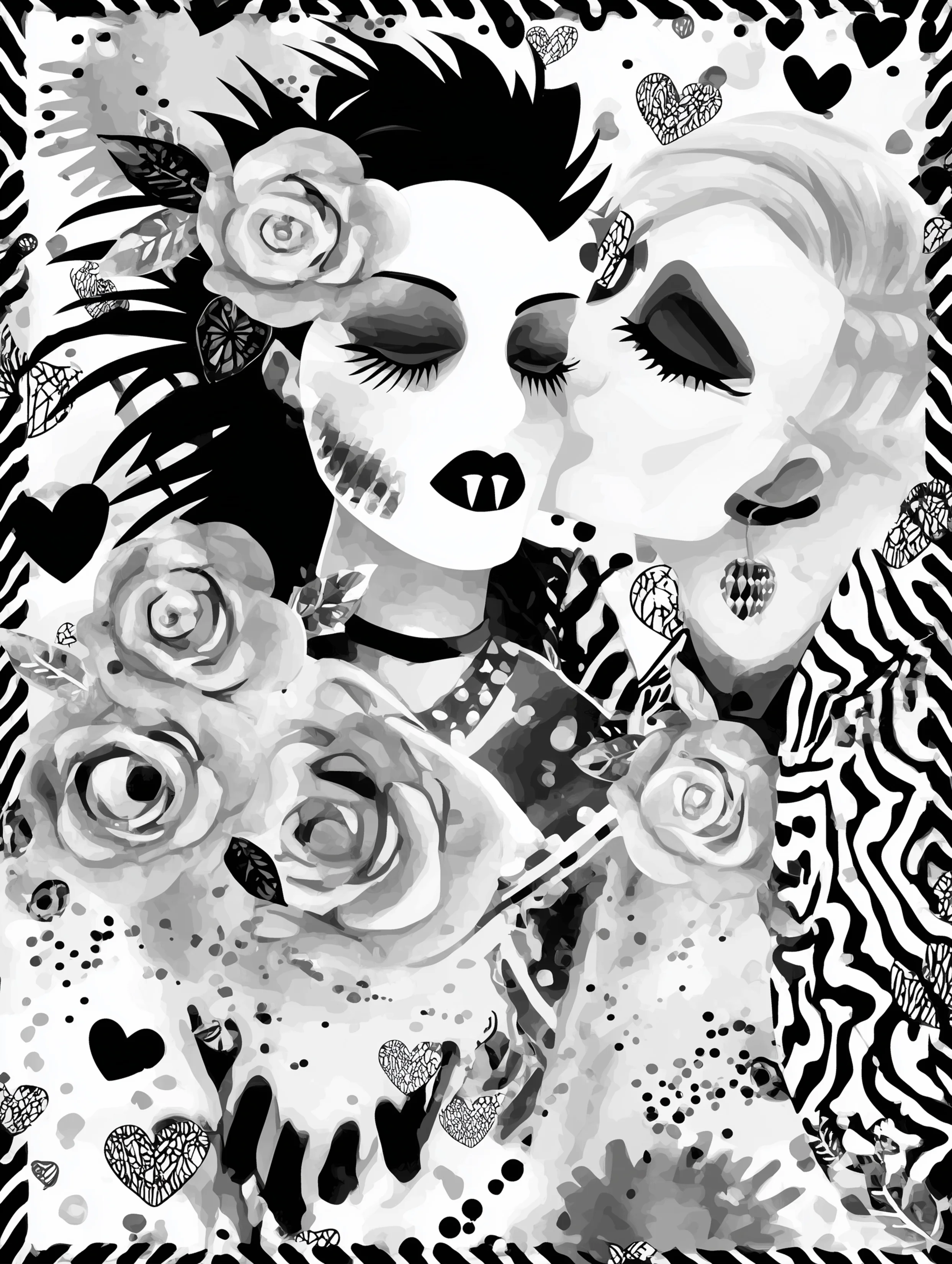 Free printable vampire coloring page for adults featuring a vampire kiss on the cheek